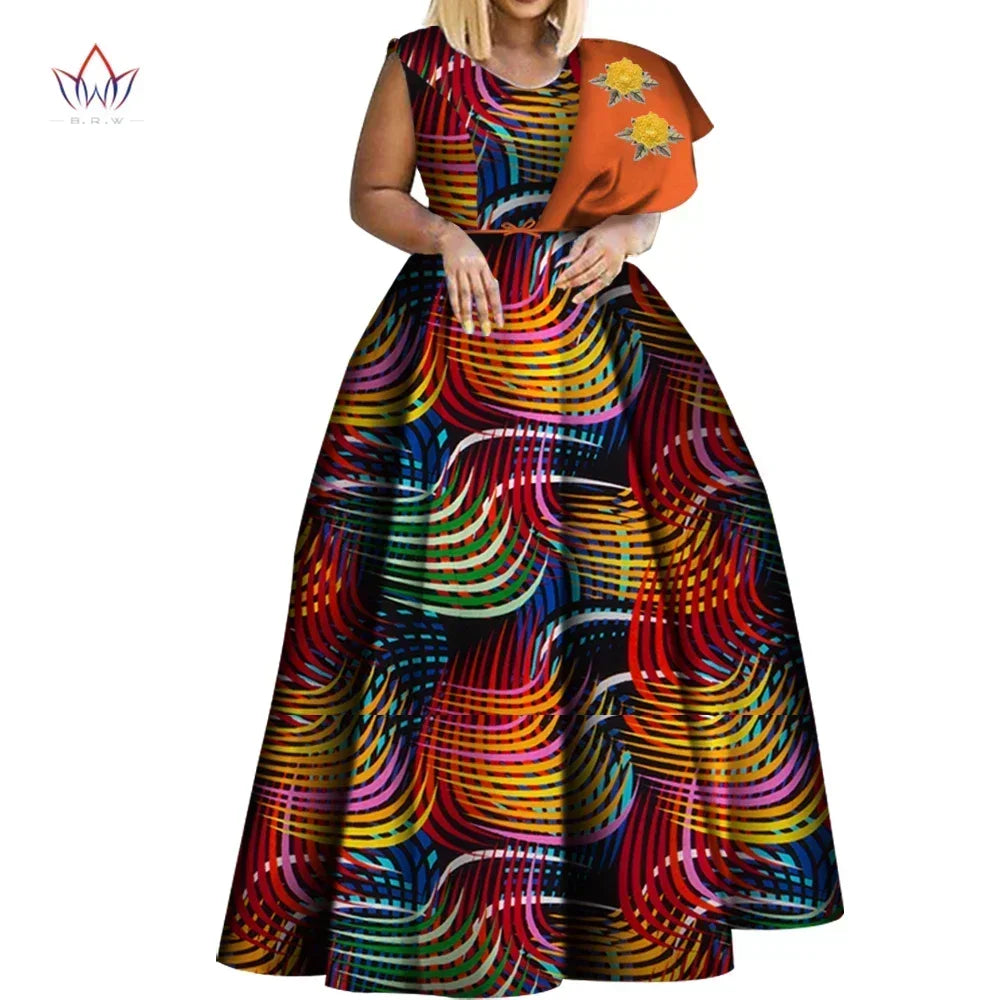 Bintarealwax Robes africaines Dashiki imprimées Bazin Robe de soirée asymétrique Robes africaines grande taille pour femmes WY3834