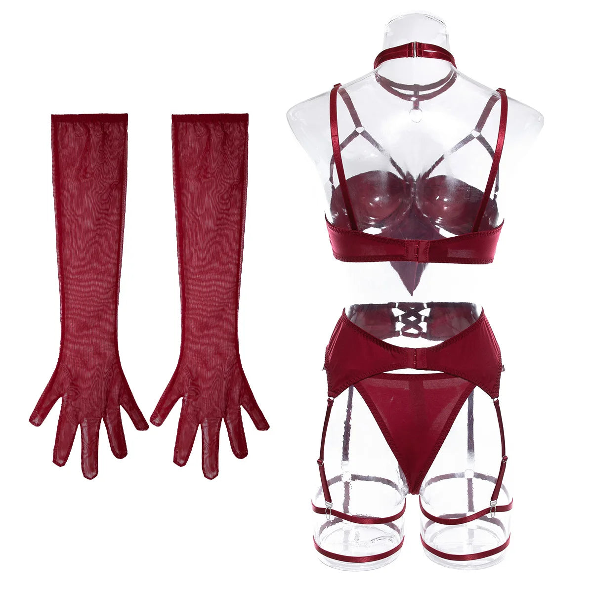 Ensemble de lingerie sexy - Soutien-gorge à nœud, Ensemble de soutien-gorge noir tentation, Ensemble quatre pièces sous-vêtements femme avec ceinture et découpes, Nuisette érotique