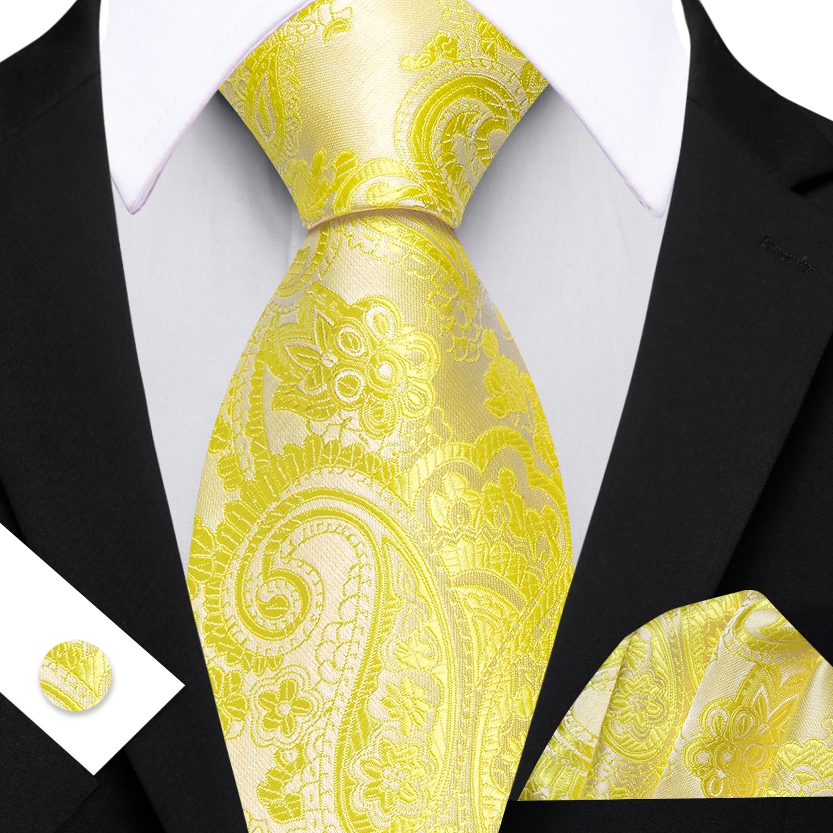Barry.Wang Cravate Jacquard Or et Jaune pour Homme avec Mouchoir de Poche et Boutons de Manchette, Cravate Exquise pour Mariage et Affaires