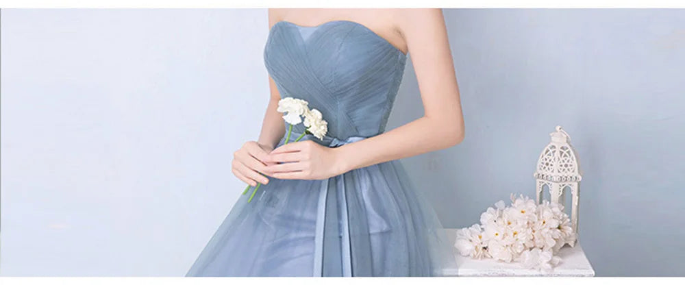Élégante Robe de Demoiselle d'honneur Gris Bleu Simple 4 styles sans Manches Femme Classique Tulle Ceinture Satin Lacets Nœud Robe de Bal Ligne A
