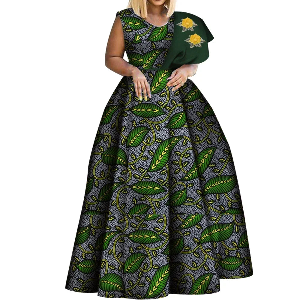 Bintarealwax Robes africaines Dashiki imprimées Bazin Robe de soirée asymétrique Robes africaines grande taille pour femmes WY3834