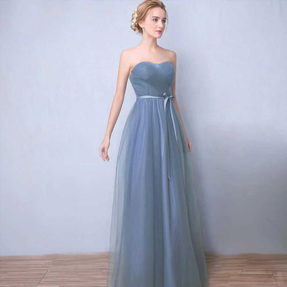 Élégante Robe de Demoiselle d'honneur Gris Bleu Simple 4 styles sans Manches Femme Classique Tulle Ceinture Satin Lacets Nœud Robe de Bal Ligne A