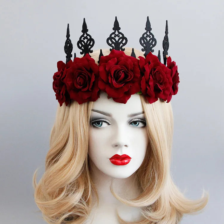 Couronne Gothique Serre-tête Rose Noire Rouge Halloween Roi Mariée Coiffe Sorcière Cosplay Coiffe Fête Mascarade Couvre-chef