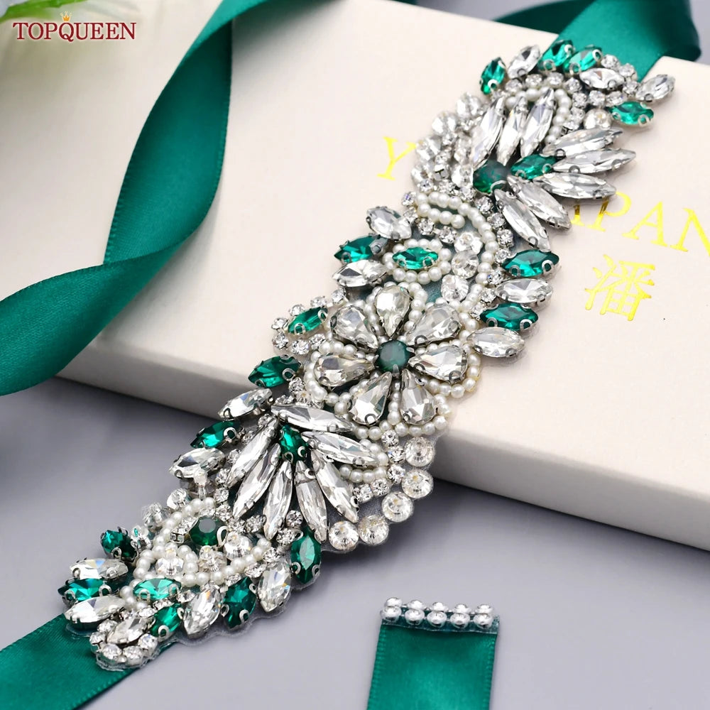 TOPQUEEN Ceinture Verte Multi-styles Avec Diamants Accessoires de Mariage Nuptiaux Strass Robes Femme Soirée Ceintures S30