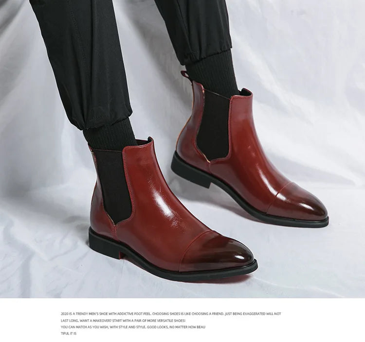 Bottes Cheville Homme Affaires Semelle Rouge Bout Pointu Bottines Habillées Britanniques Chaussures Hautes en Cuir Décontractées Chelsea Homme à Enfiler