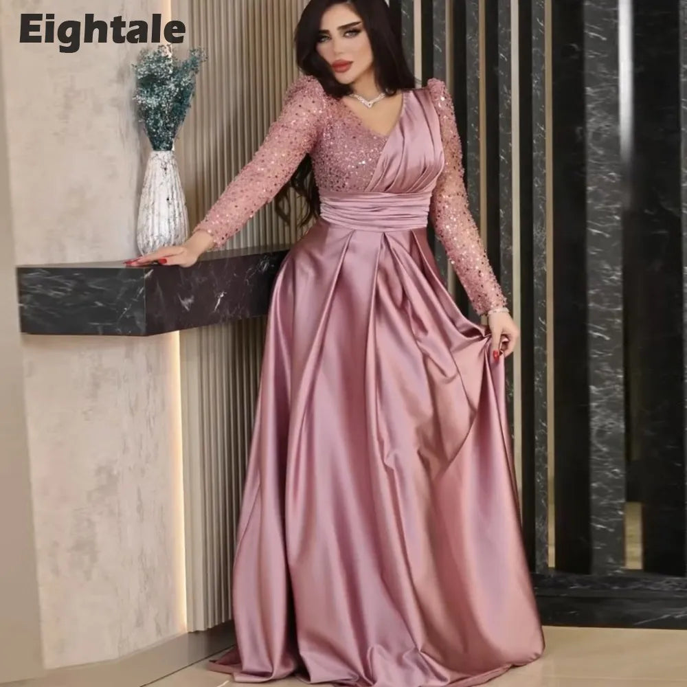 Eightale Robe de Soirée de Luxe Col en V Rose Poudré Personnalisée Manches Longues Pailletées Robe de Bal Arabe Robe de Soirée Mariage Vestidos De Gala