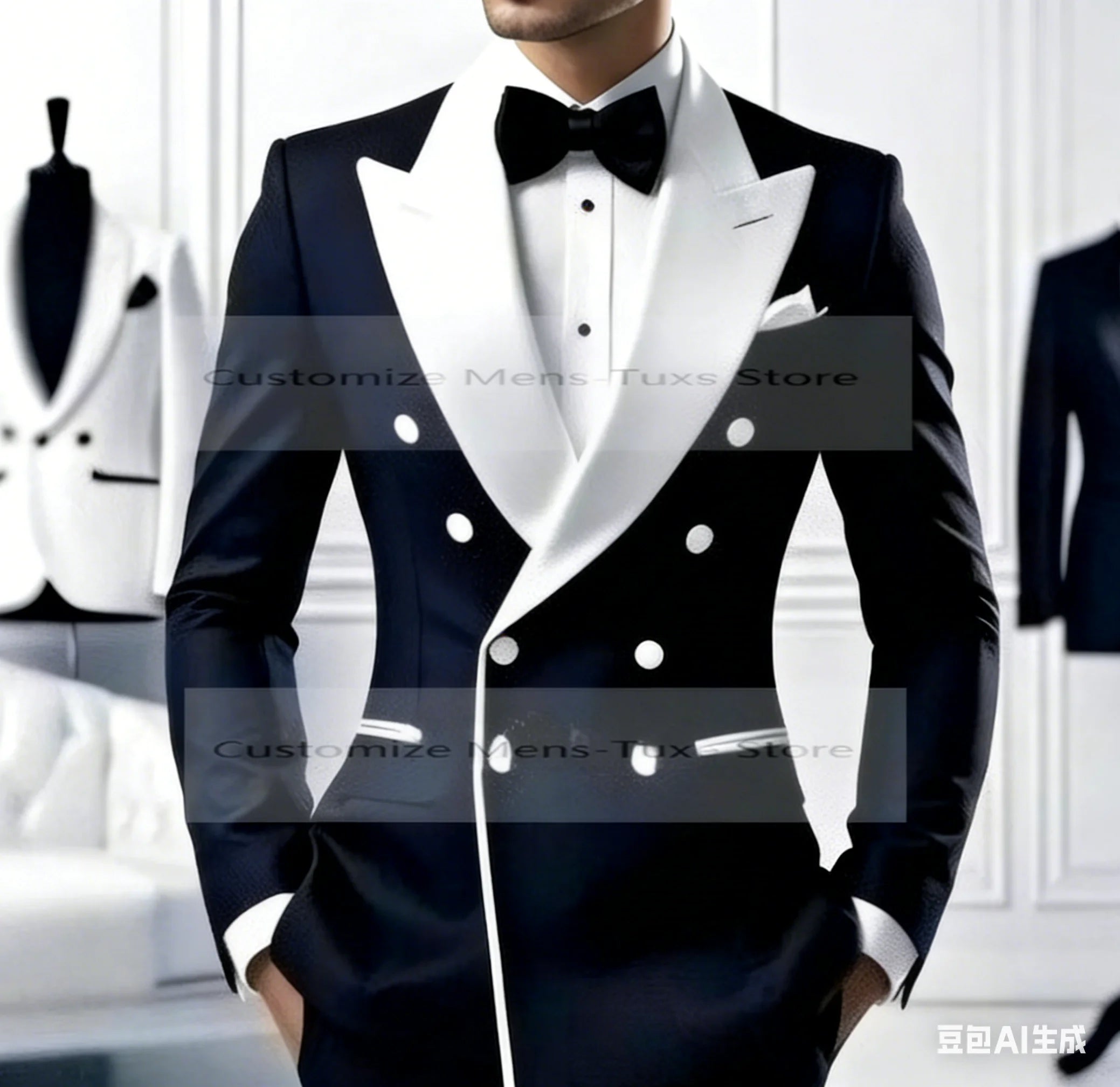 Costume homme noir col blanc pour occasion formelle, marié, témoin, mariage, bal de promo, affaires décontractées, smoking, ensemble 2 pièces blazer pantalon