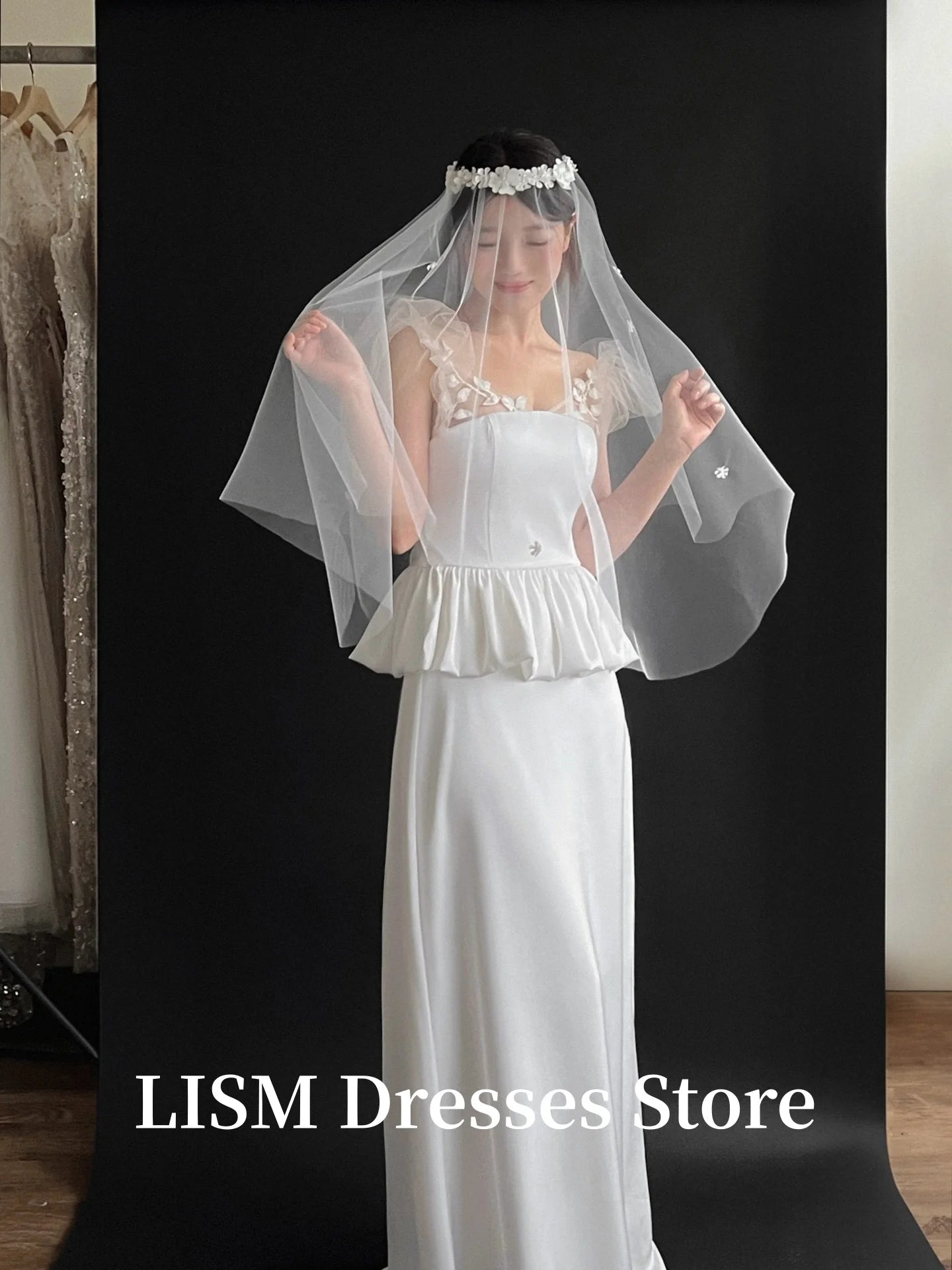 Lism Voile pour Robes de Mariée Séance Photo Tulle de Soie Fleurs Personnalisables Voile Doux 면사 Élégant pour la Mariée