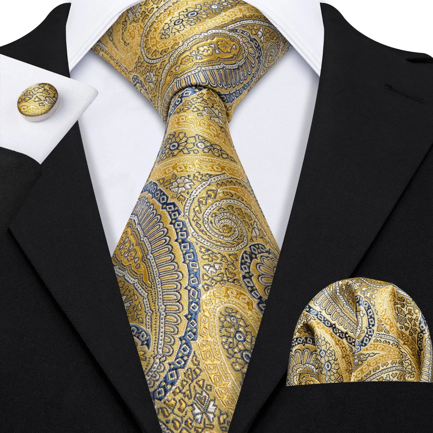 Barry.Wang Cravate Jacquard Or et Jaune pour Homme avec Mouchoir de Poche et Boutons de Manchette, Cravate Exquise pour Mariage et Affaires