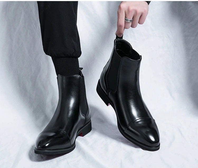 Bottes Cheville Homme Affaires Semelle Rouge Bout Pointu Bottines Habillées Britanniques Chaussures Hautes en Cuir Décontractées Chelsea Homme à Enfiler