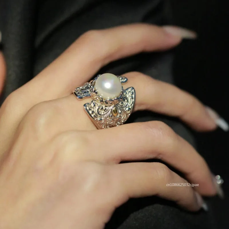 Bague Ajustable Perle Creuse Sculptée — Bijoux de Mariée Vintage