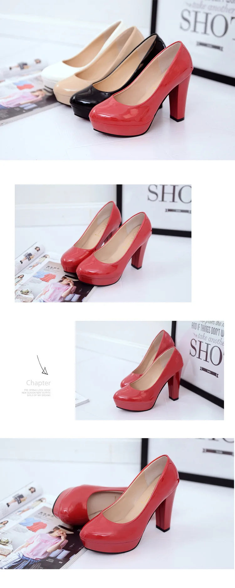 Chaussures à talons hauts pour femmes, chaussures de mariage blanches, talons épais de 10 cm, escarpins de soirée mode, chaussures noires rouges à bout rond Zapatos De Mujer