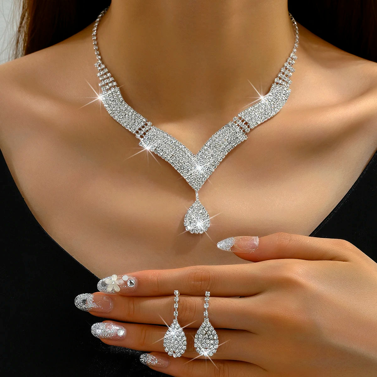 Parure collier et boucles d'oreilles goutte d'eau en strass – 3 pièces, bijoux de mariée