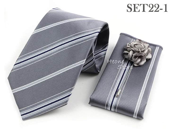 Men's Striped Necktie, Pocket Square & Brooch Set | Groom & Groomsmen Wedding Accessory