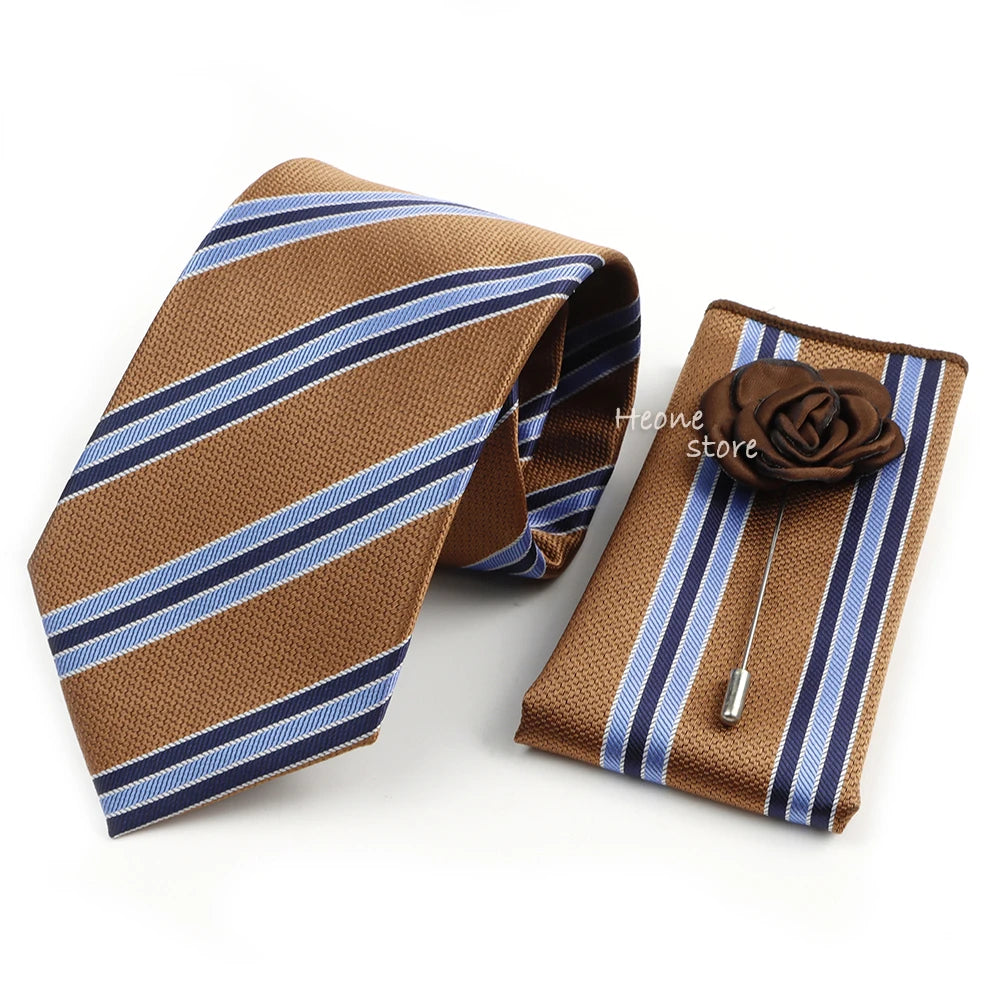 Men's Striped Necktie, Pocket Square & Brooch Set | Groom & Groomsmen Wedding Accessory