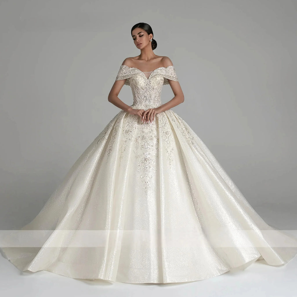 Robes de mariée sur mesure en forme de bal pour femmes, de luxe, épaules dénudées, en tulle scintillant, robe de mariée en cristal, Vestidos De Novia