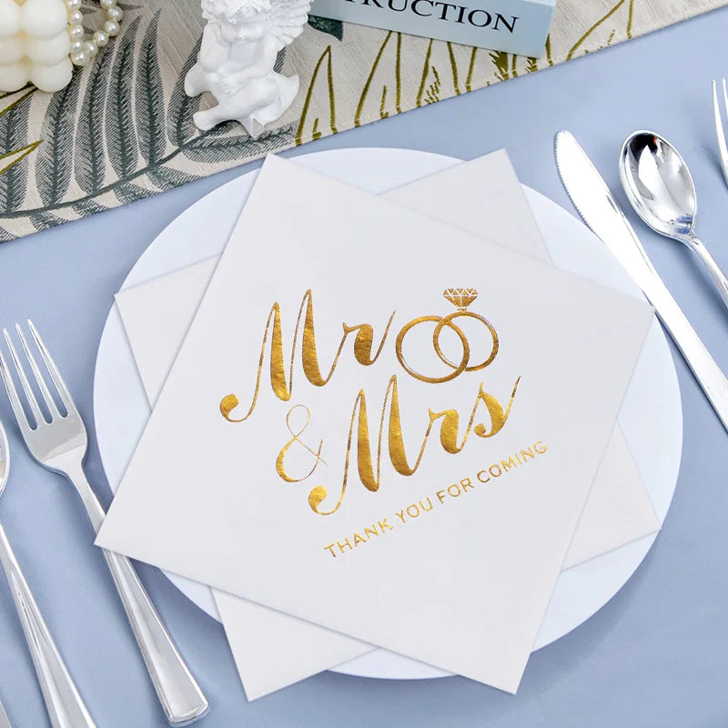 20/60/100 Pièces Serviettes de Mariage Dorées Mr Mrs Serviettes en Papier pour Décoration de Table de Dessert de Mariage Fournitures de Fête Prénuptiale