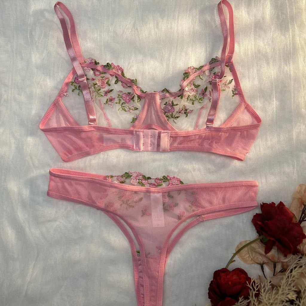 Ensemble de lingerie sexy fantaisie en dentelle érotique pour femme, 2 pièces, sous-vêtements transparents brodés, soutien-gorge et culotte érotiques magnifiques