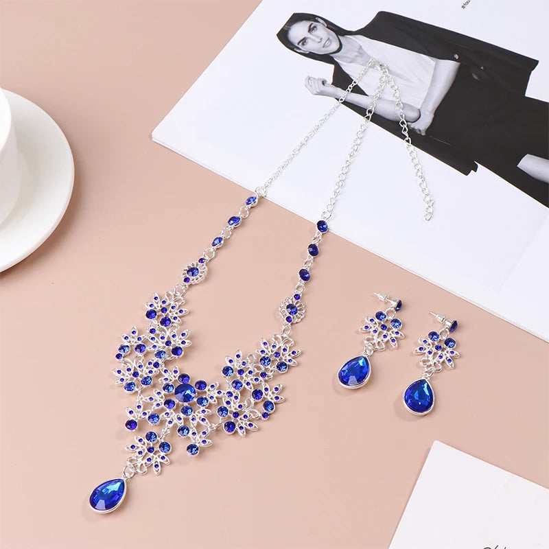 Parure Collier et Boucles d'Oreilles de Mariée Fleur et Goutte d'Eau