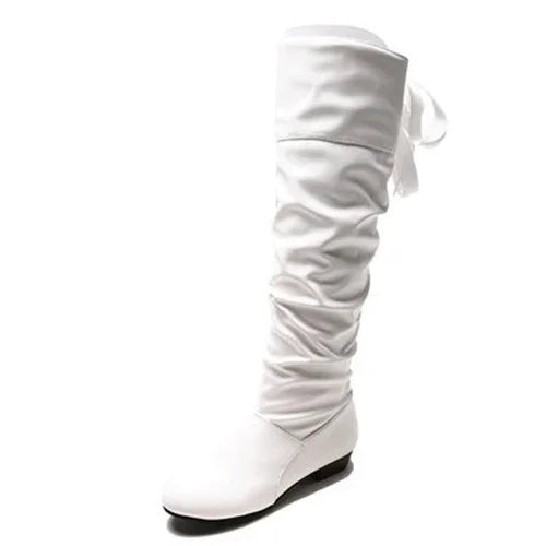 Chaussures Femme 2022 Printemps Bottes Hautes au Genou Rouge Noir Blanc Bottes Hautes Femme Plissées Talon Bas Décontracté Cuir Chaussures Longues Femme