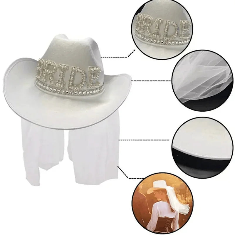 Bride Cowboy Veil Hat Country Western Barn Space Disco Wedding Cowgirl Bach Bachelorette Hen Party Bridal Shower Decoration Gift