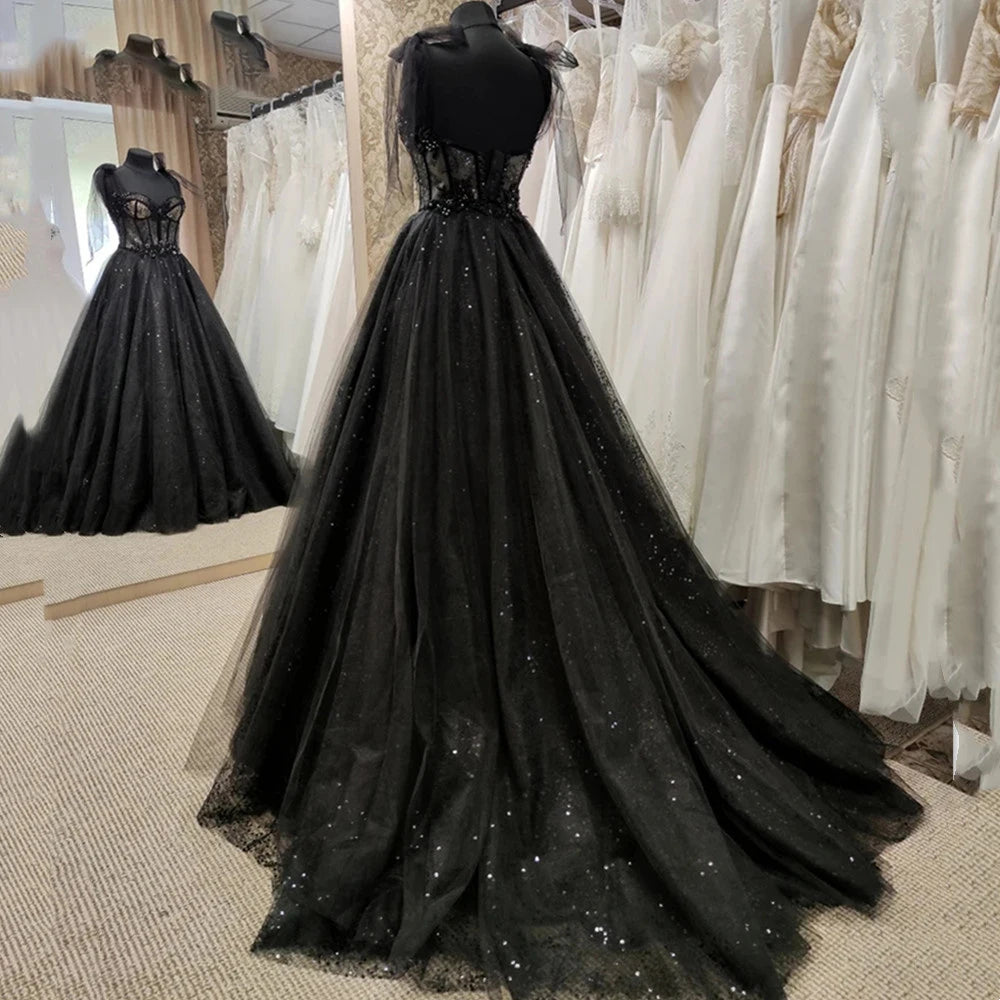 Lily Robe de mariée noire gothique à bretelles spaghetti Robe de bal Robes de soirée à paillettes Doux Cœur Robe de soirée Robes de soirée personnalisées