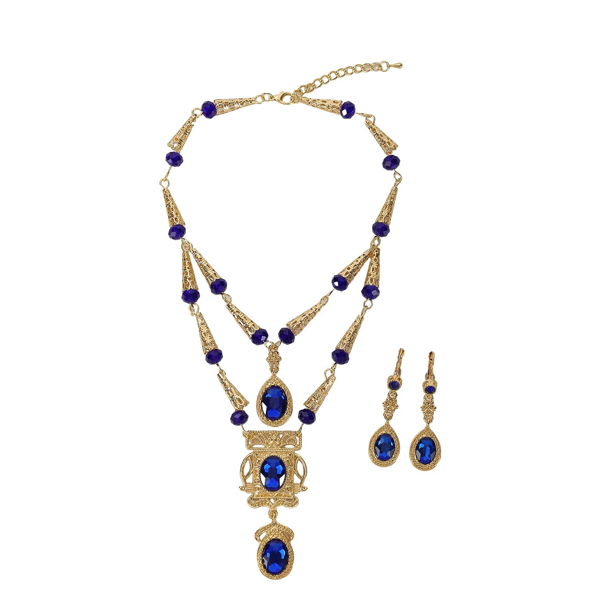 Parure collier et boucles d'oreilles de mariée en pierres précieuses, faits à la main au Maroc — Plaqué or