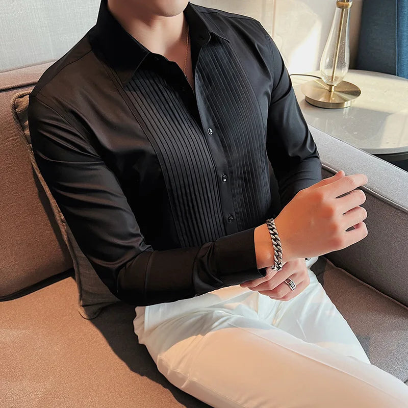 Men's Pleated Tuxedo Dress Shirt – Slim Fit Groom & Groomsmen Wedding Shirt