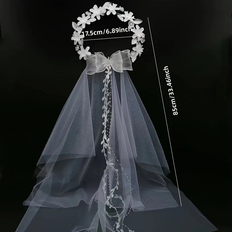 Voile de Couronne de Mariée Élégant Blanc Européen et Américain Bandeau pour Femmes Nœud de Mariage Couronne de Fête Accessoire de Cheveux