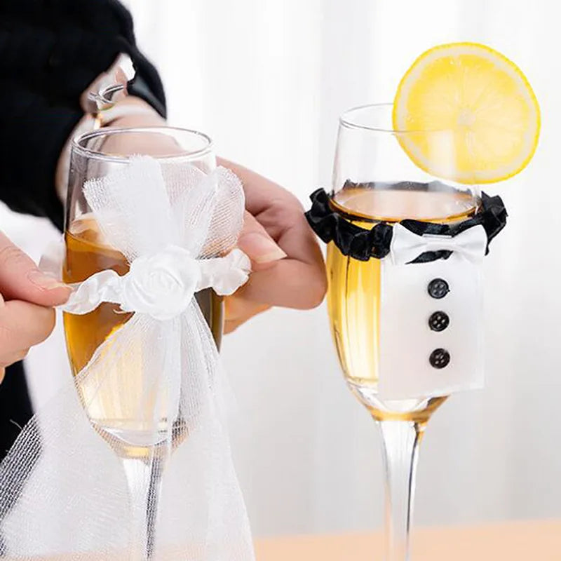Lot de 2 nœuds papillon pour mariée et marié, décor de verres à vin pour fête de mariage