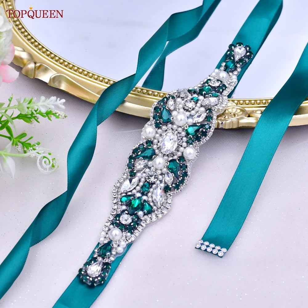 TOPQUEEN Multiple Styles Green Belt With Diamonds Bridal Wedding Accessories Rhinestone Women'S Dresses Evening Girdles S30