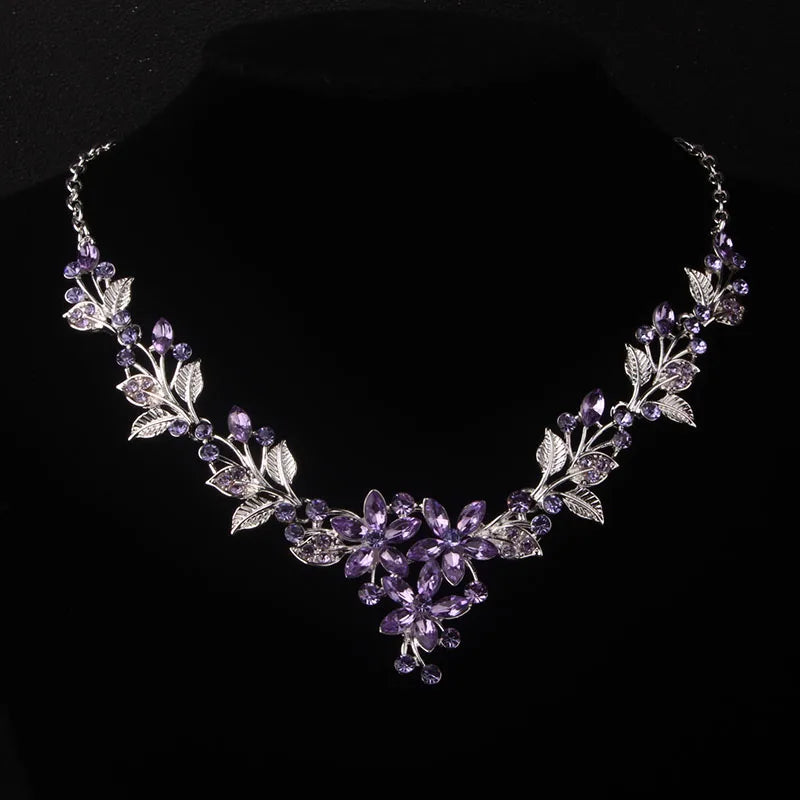 Purple Leaf & Flower Bridal Necklace & Earring Set