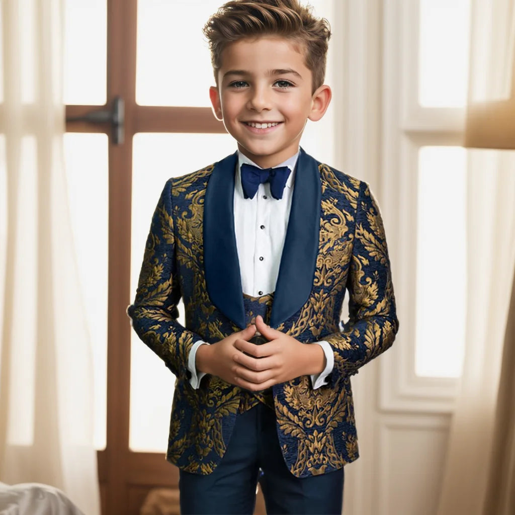 Costume garçon habillé pour soirée, costume pour enfants, costume de mariage pour garçons, blazer floral bleu marine, costumes de bal pour enfants
