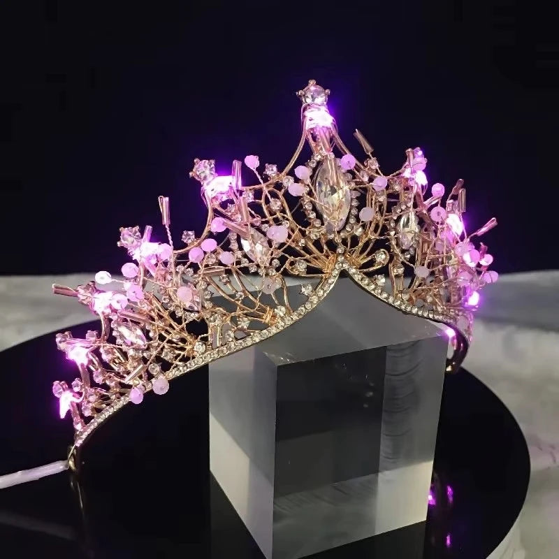 Light Up Bride Hair Accessories Alloy Crystal Party LED Glow Luminous Crown Rhinestone Tiara Flower Queen Wedding Festival Party