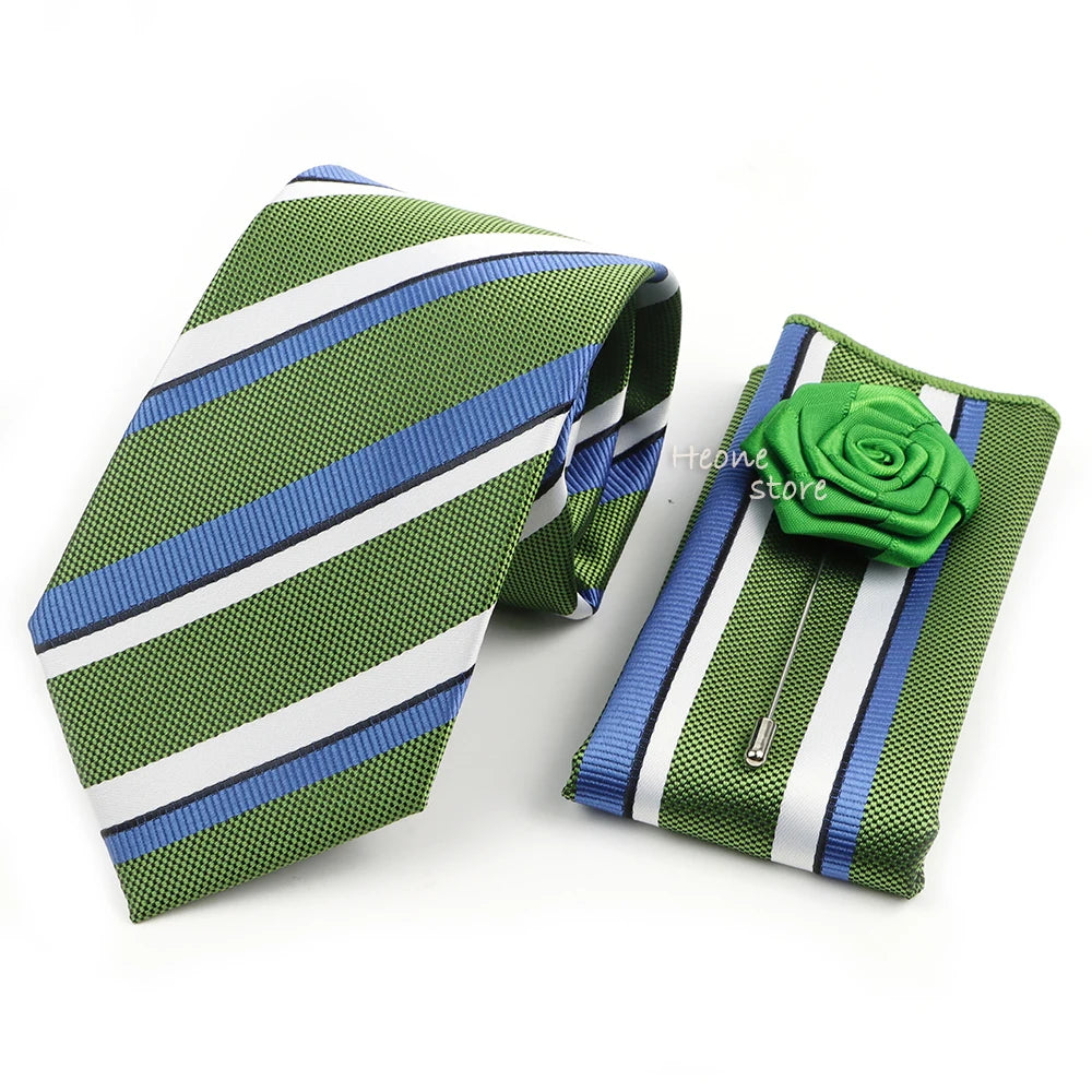Men's Striped Necktie, Pocket Square & Brooch Set | Groom & Groomsmen Wedding Accessory