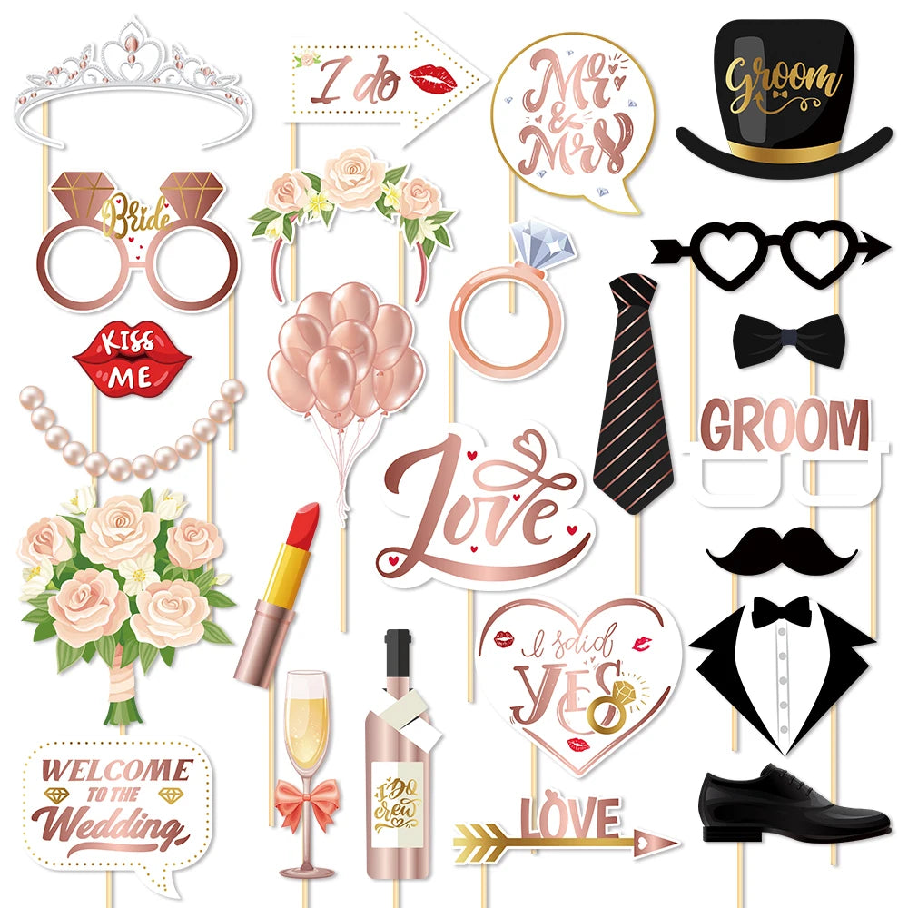 25 accessoires amusants en papier pour photomaton de mariage "Just Married" - Pour selfies, enterrement de vie de jeune fille, fête de mariage, décoration.