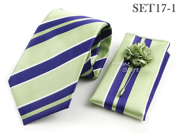 Men's Striped Necktie, Pocket Square & Brooch Set | Groom & Groomsmen Wedding Accessory