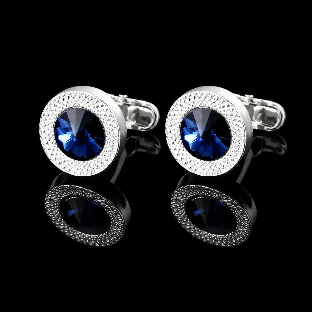 Fashionable Men's French Shirt Accessories Round Blue Crystal Cufflinks Diamond Embedded Sleeve Studs Tie Clip Wedding Gift