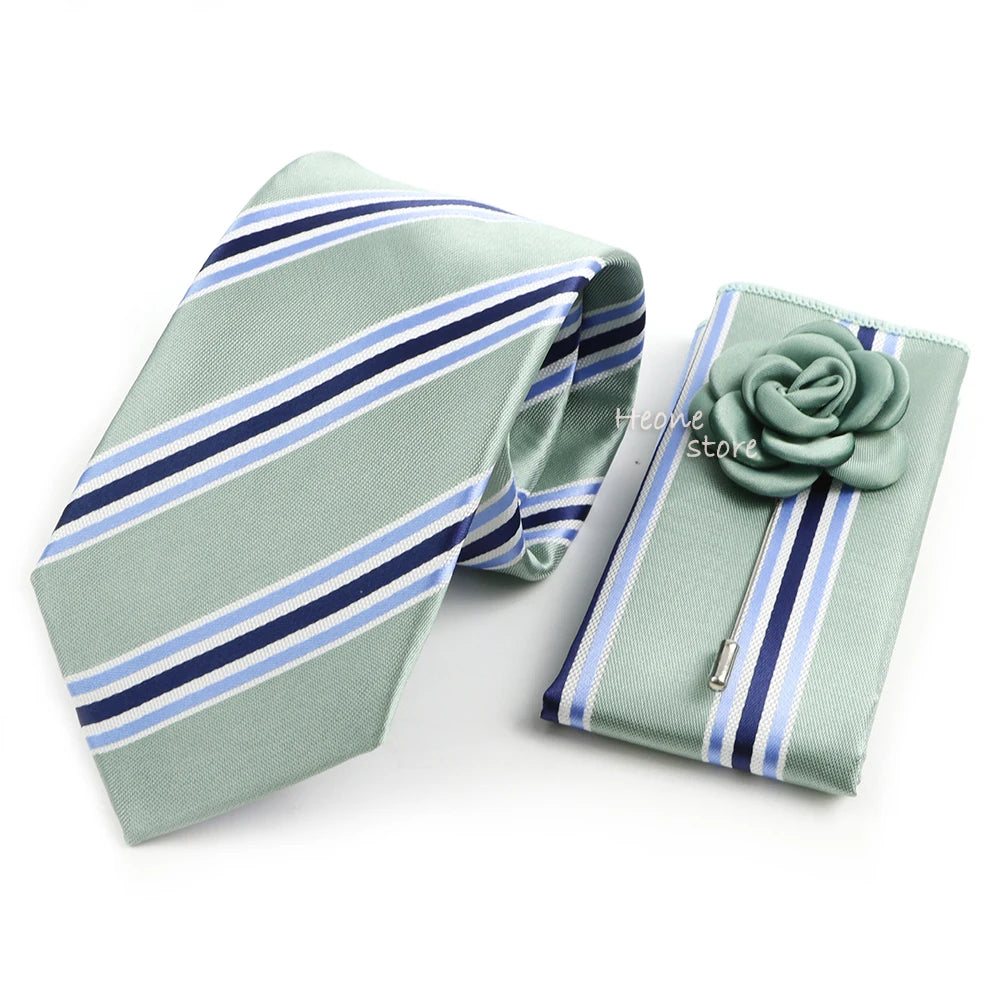 Men's Striped Necktie, Pocket Square & Brooch Set | Groom & Groomsmen Wedding Accessory