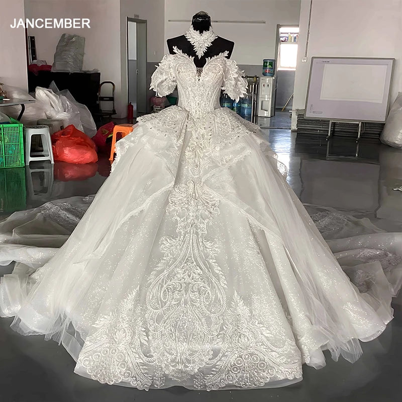 Robes de soirée de mariage en organza à lacets personnalisées Robes de mariée blanches Robes de mariée à traîne courte sans épaules vestidos de novia