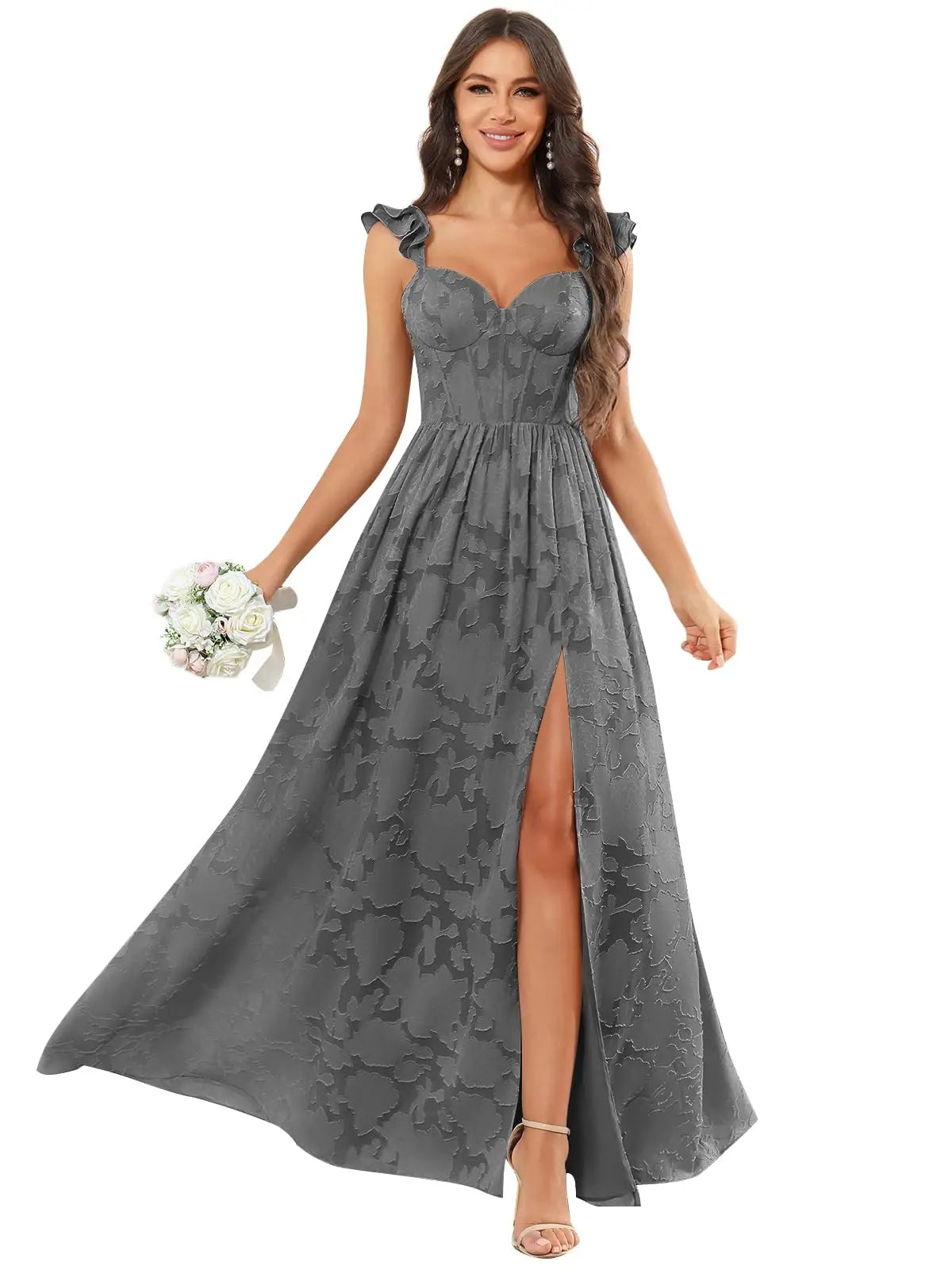 Floral Ruffle Bridesmaid Dress | Sweetheart A-Line Gown with Slit | Wedding Party