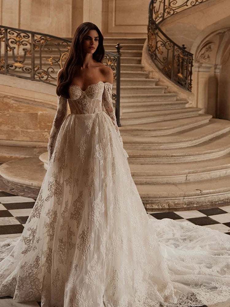 Robe de mariée vintage en organza avec broderie dentelle, coupe trapèze, manches longues, épaules dénudées, personnalisée (Vestido De Novia)