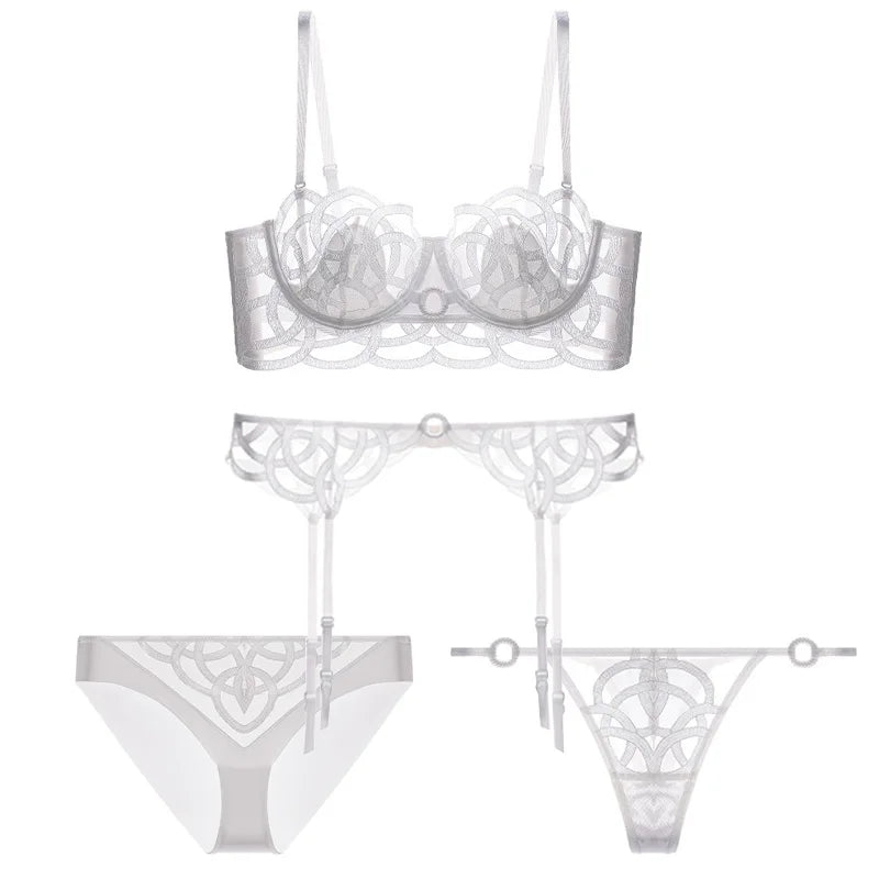 CINOON Lingerie sexy brodée pour femme Ensemble soutien-gorge push-up en dentelle fine et transparente + porte-jarretelles + string, ensemble de 3 pièces de lingerie française