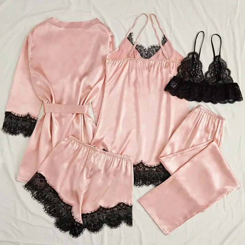 Ensemble de pyjama en satin pour femme, rose, lingerie sexy, robe de chambre, patchwork en dentelle, nuisette en soie, pantalon, vêtements de nuit pour la maison