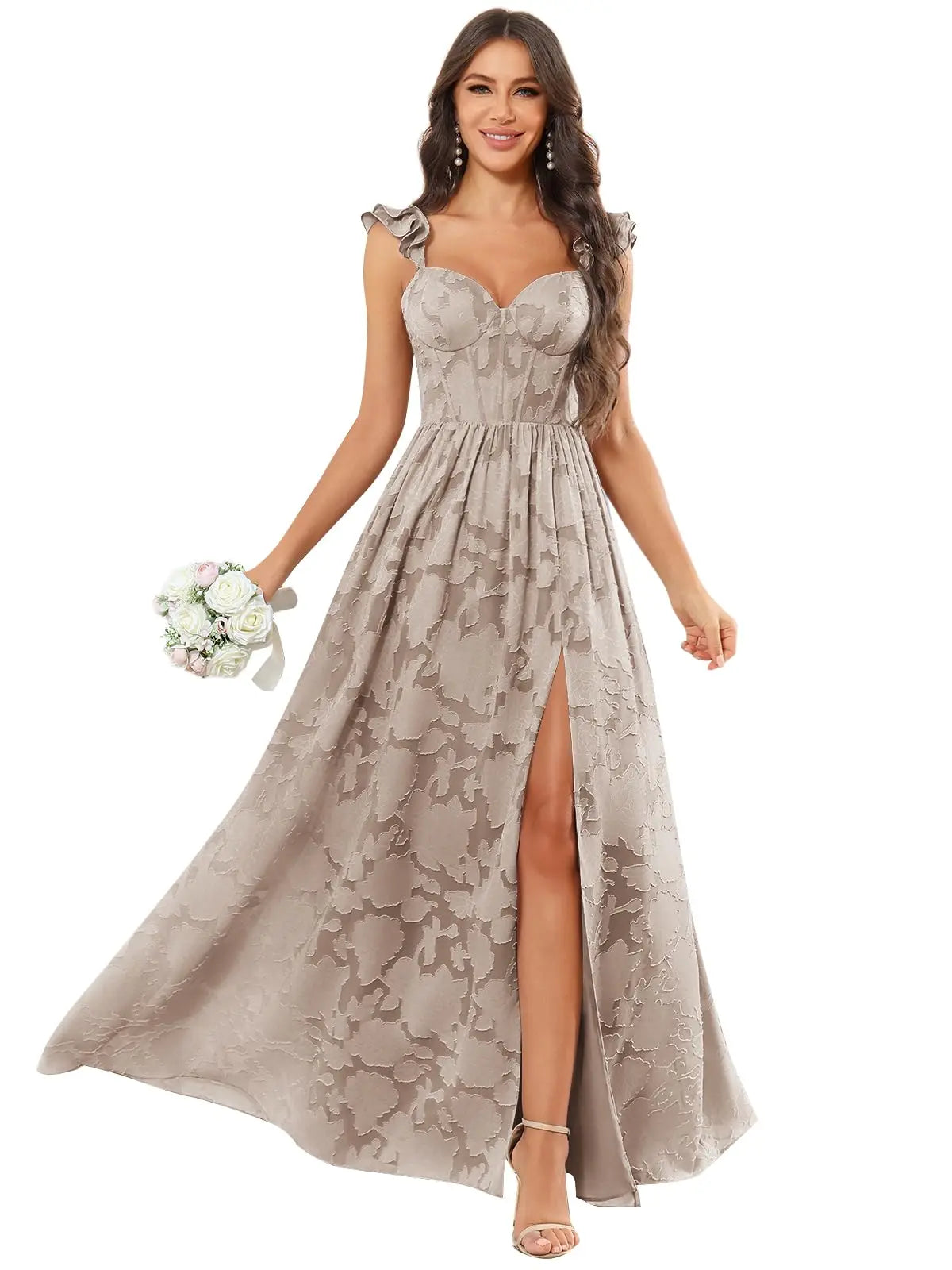 Floral Ruffle Bridesmaid Dress | Sweetheart A-Line Gown with Slit | Wedding Party
