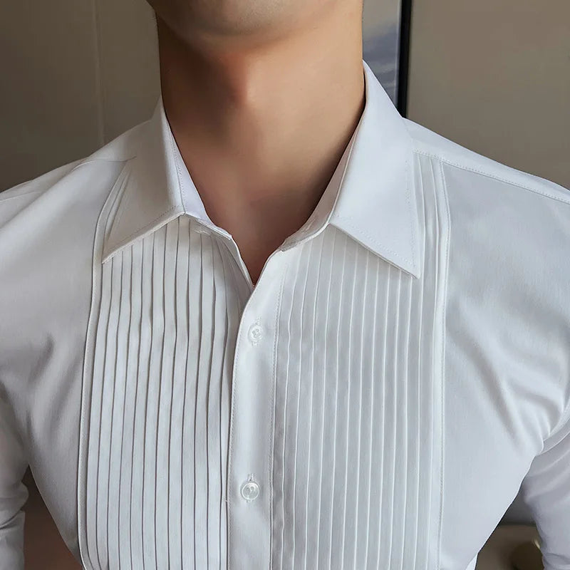 Men's Pleated Tuxedo Dress Shirt – Slim Fit Groom & Groomsmen Wedding Shirt