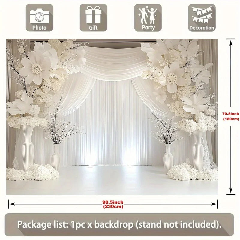 Elegant White Floral Wedding Backdrop Banner with Curtains