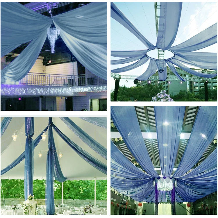 Décoration de plafond de mariage en arche avec rideaux en voile blanc, tissu en gaze, tulle pour la scène de fête, la cérémonie, l'hôtel.