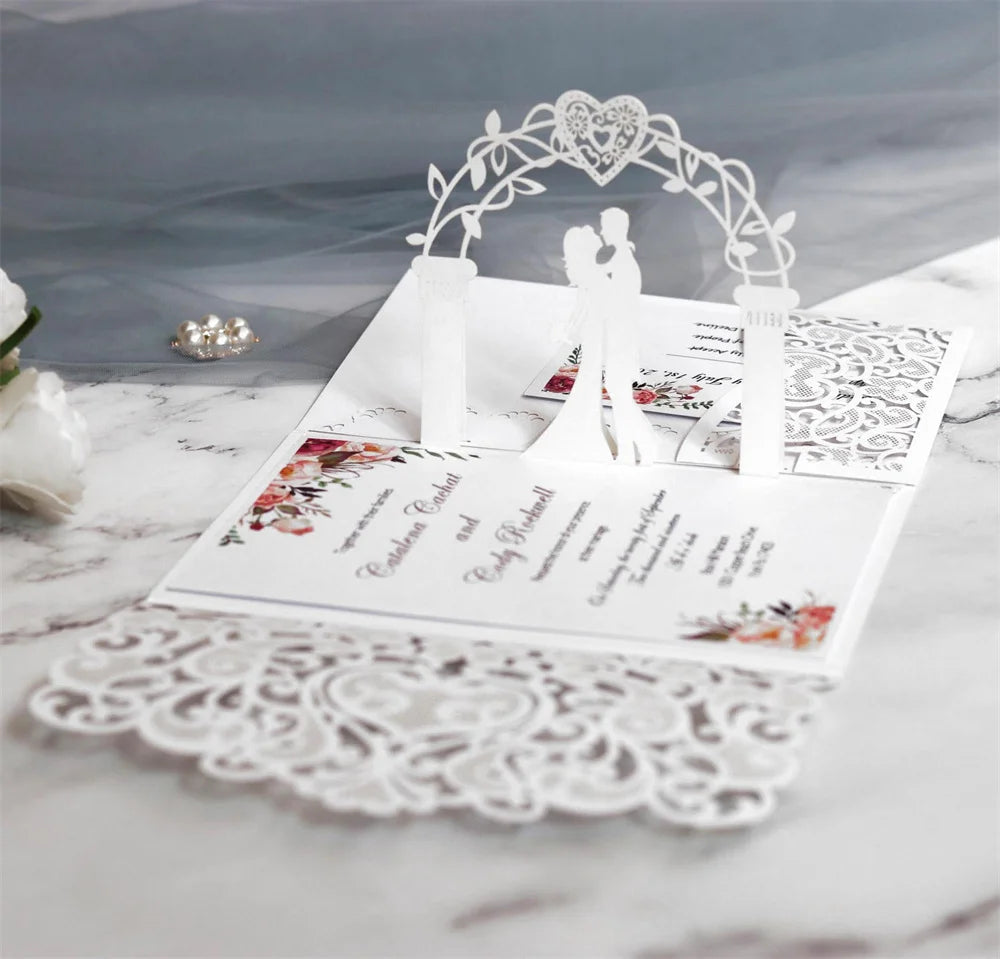 6 Pièces/Lot 3D Pop Up Mariés Ivoire Carte d'invitation de mariage Laser Poche Florale Douche nuptiale Invitations de fiançailles
