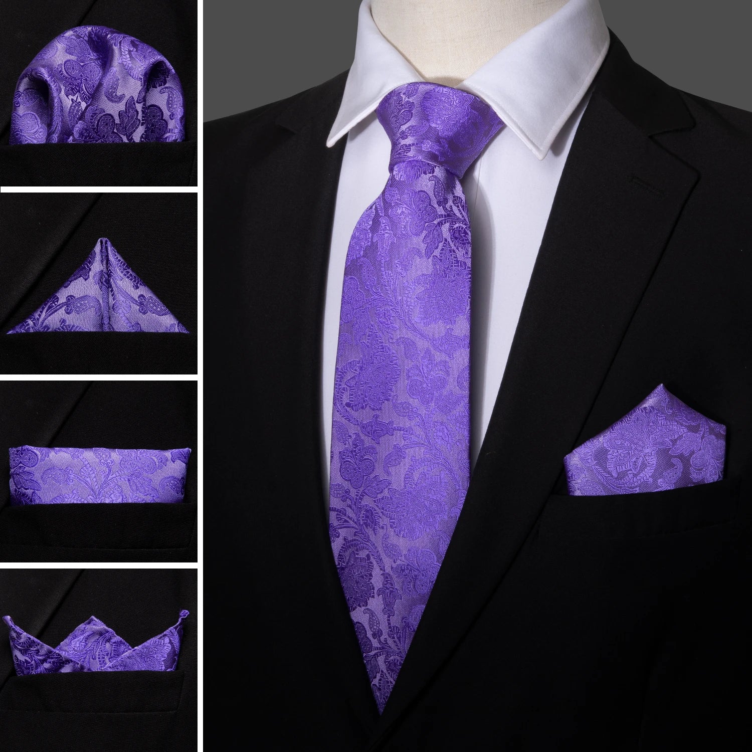 Cravate Homme en Soie Violette Unie avec Pochette Barry.Wang, Ensemble de Cravate et Mouchoir de Poche, Nœuds Papillons Floraux Paisley pour Homme, Cadeau pour Fête, Marié